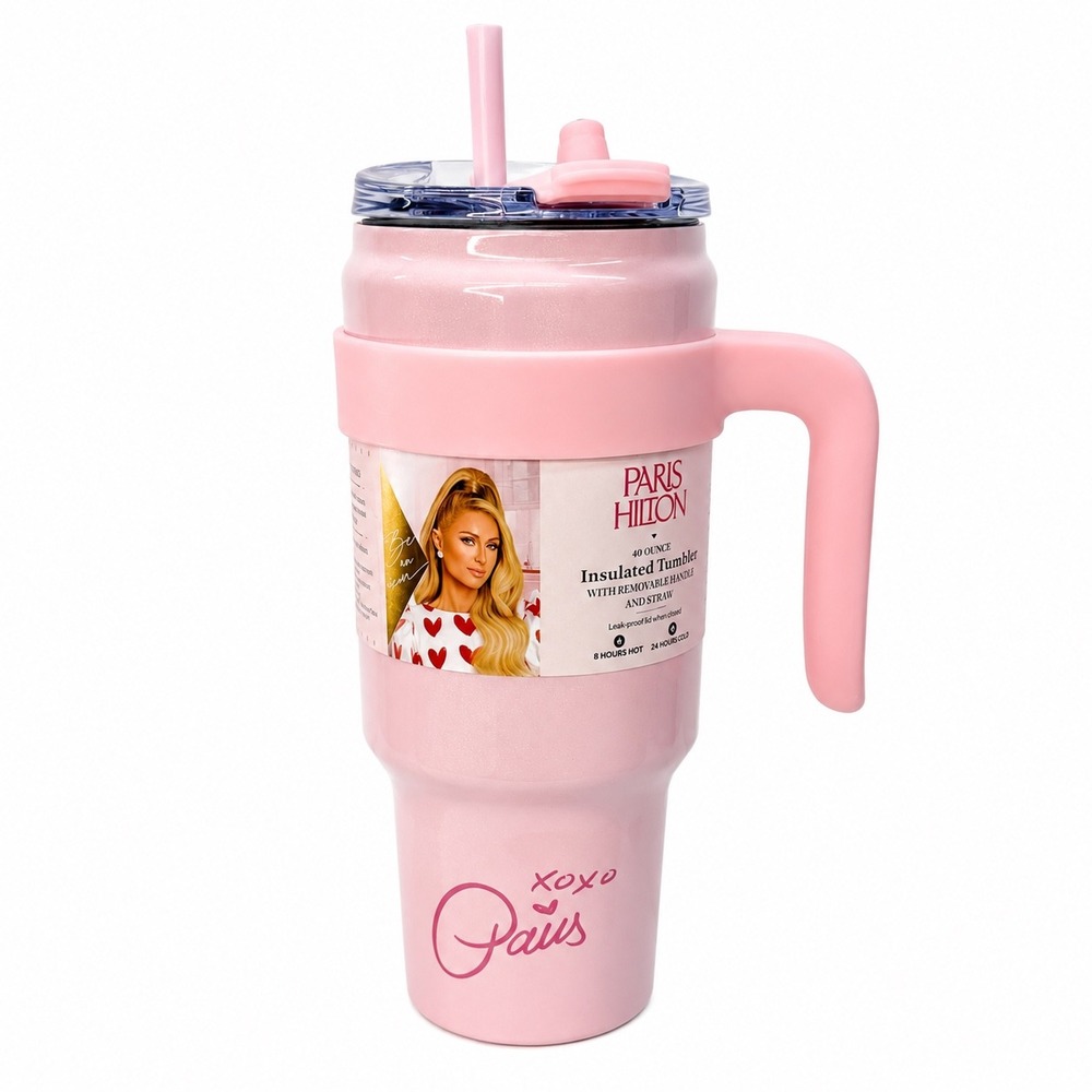 Paris Hilton 40oz Insulated Tumbler Pink Shimmer Stainless Steel Travel Mug NEW